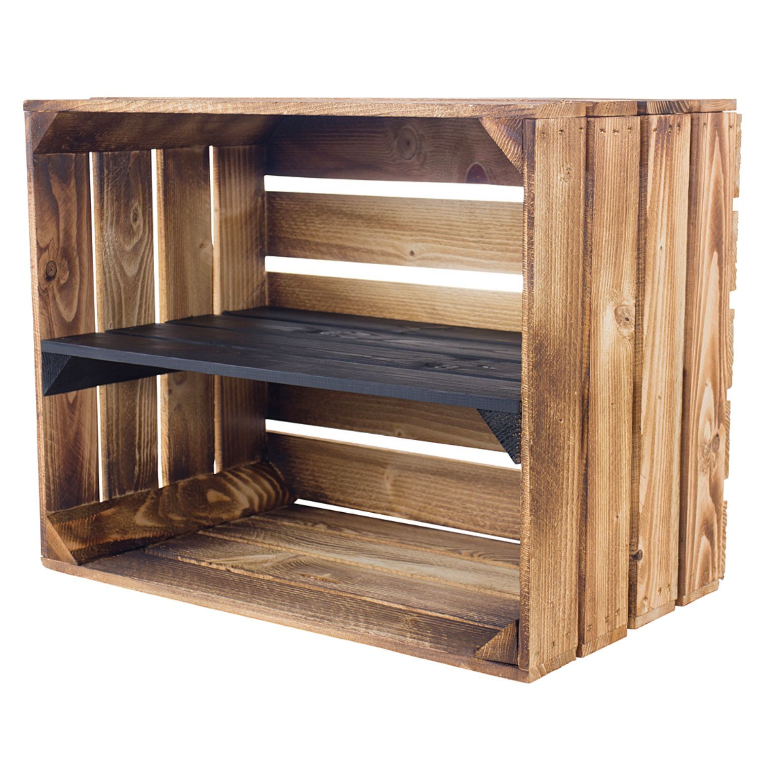 Geflammte Holzkiste mit schwarzem Mittelbrett 50x40x30cm