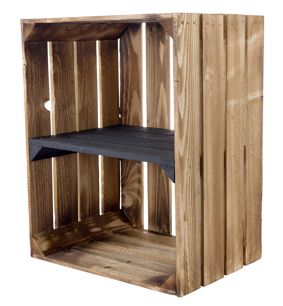 Geflammte Holzkiste mit schwarzem Mittelbrett 50x40x30cm