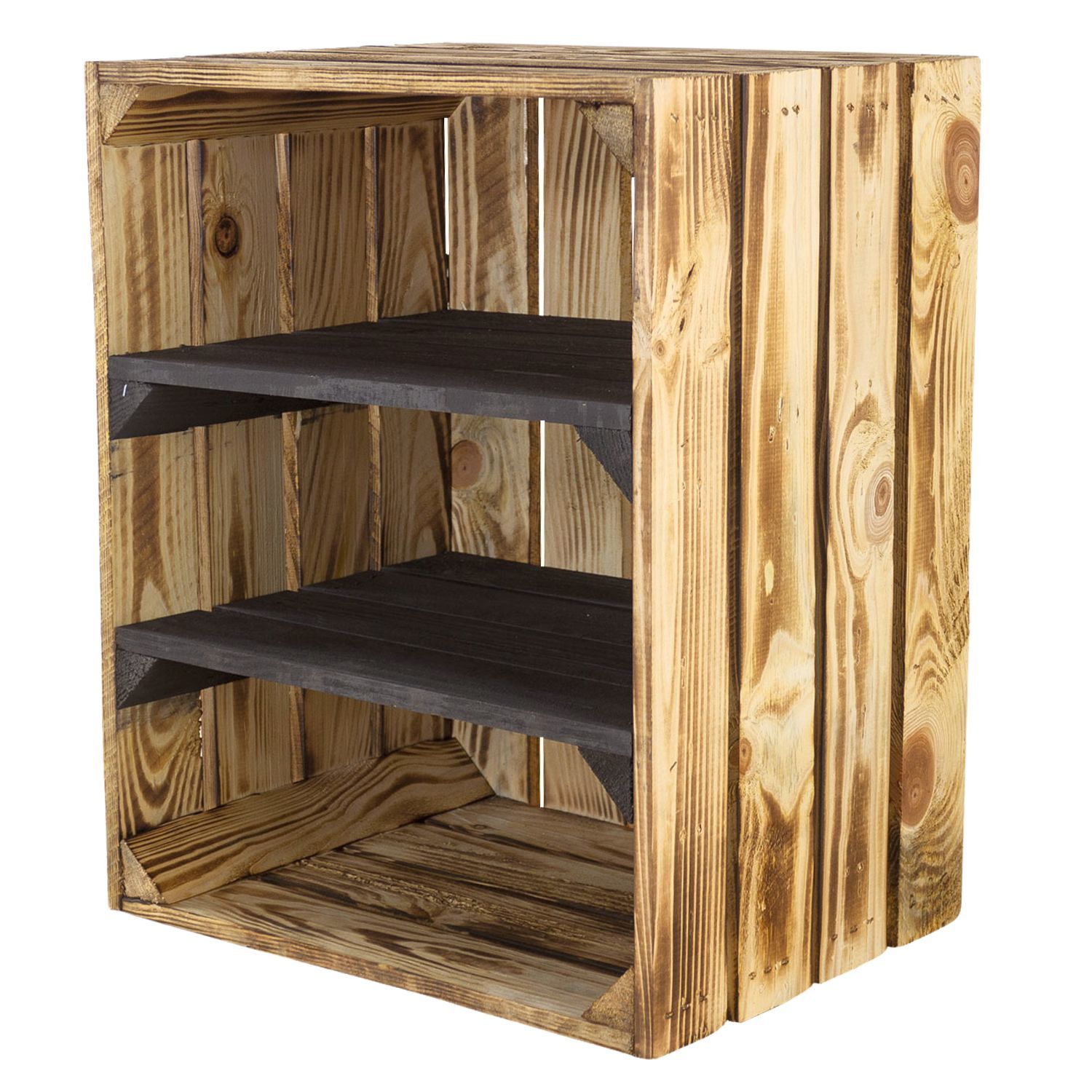 Geflammte Kiste mit 2 schwarzen Mittelbrettern 50x40x30cm