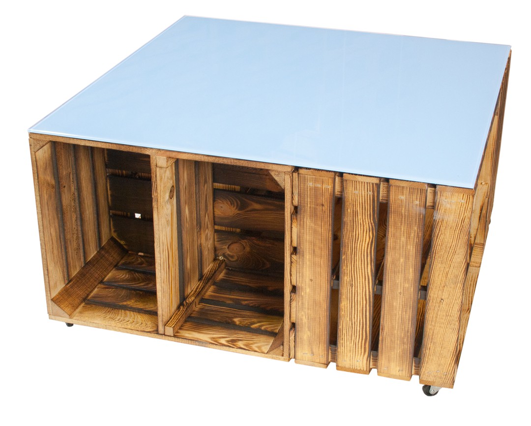 Couchtisch aus geflammten Apfelkisten auf Rollen inkl. hellblauer Glasplatte 81x81x44cm