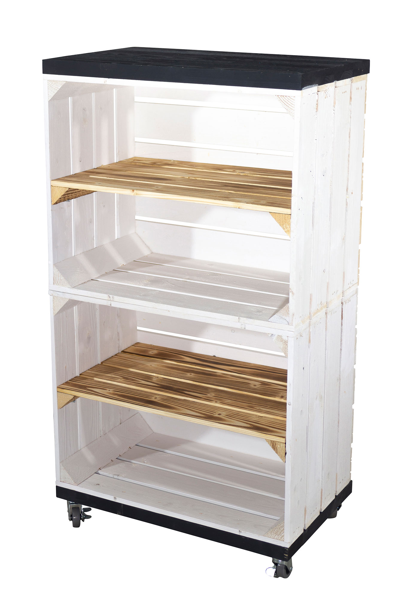 Regal aus zwei weißen Obstkisten und Bohlenbretter auf Rollen 93x50x30cm