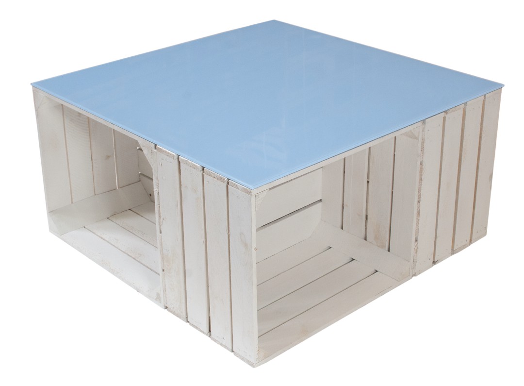 Couchtisch aus weißen Apfelkisten auf Rollen inkl. hellblauer Glasplatte 81x81x44cm